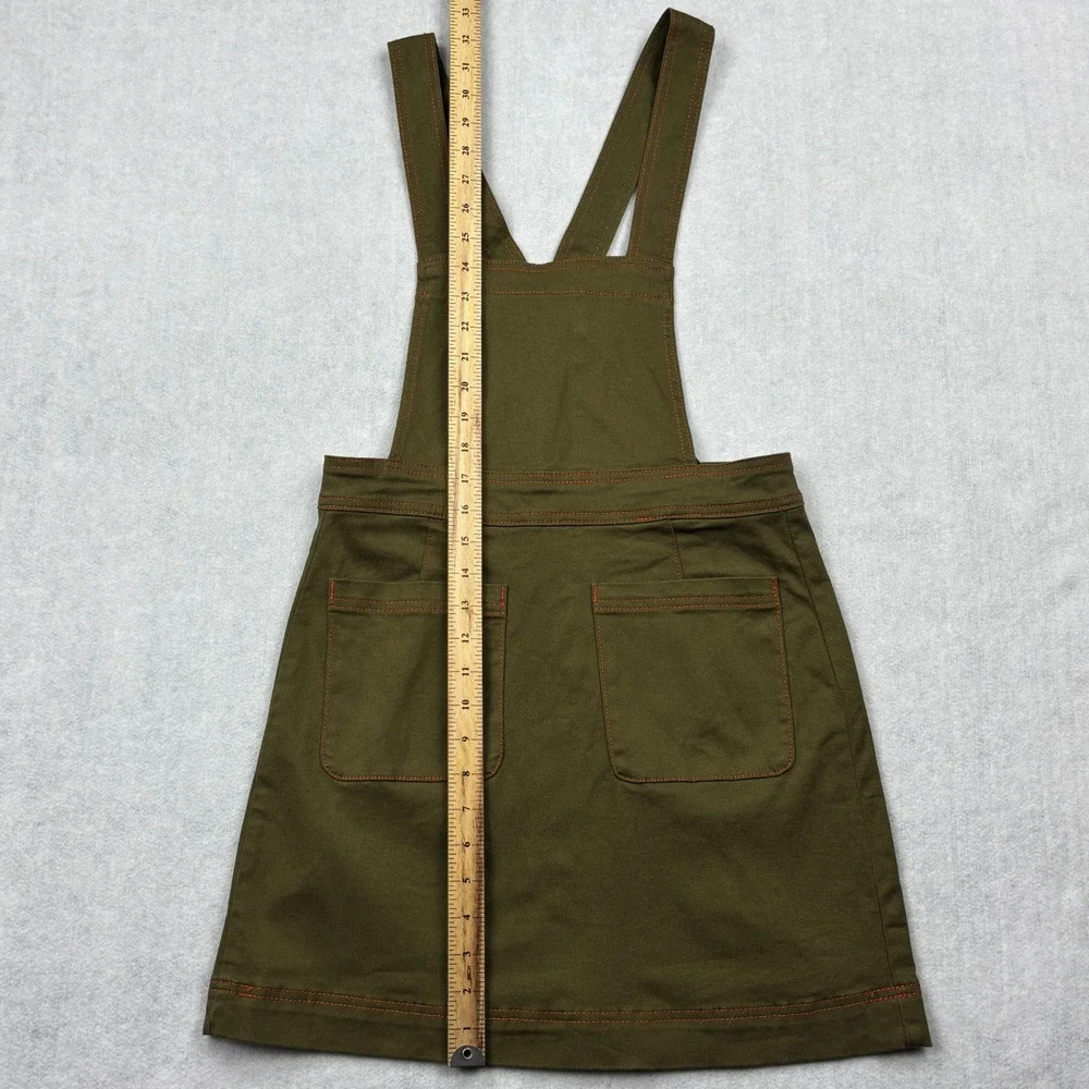 ModCloth Overall Jumper Mini Dress Olive Green Orange Stitch Pinafore Womens 4